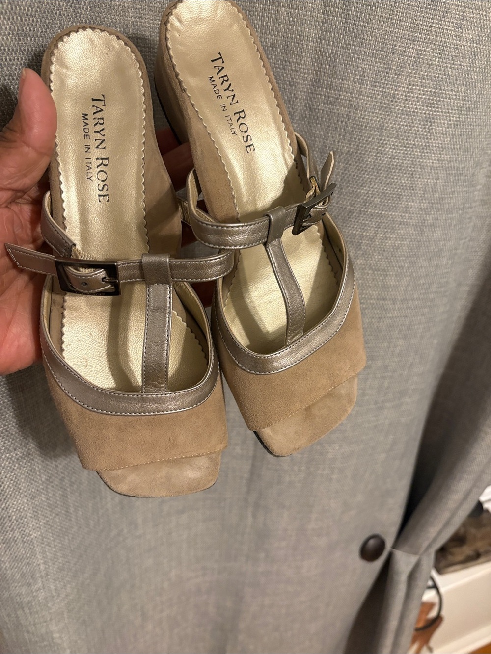 Taryn Rose Taupe Suede & Metallic Bronze T-Strap Mules